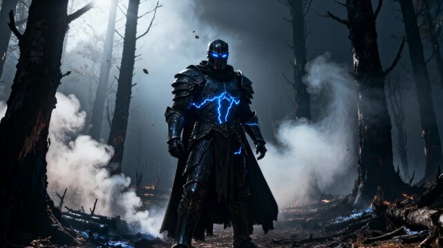 cinematic warlord obsidian armor blue glow burned forest smoke vortex intense fantasy
