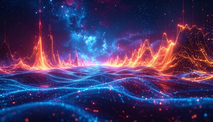 Digital landscape with vibrant red and blue hues forming undulating waves and peaks. Nebula fills the backdrop