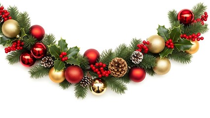 Isolated Christmas wreath with festive red balls and green pine branches on a white background for holiday decoration and new year celebration