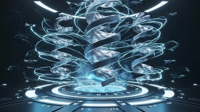 Futuristic holographic liquid spiral energy structure rotating above a high tech digital platform with neon particles in a sci fi virtual environment