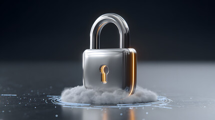A sleek 3D render of a glowing padlock levitating over a secure cloud server network, blue neon edges, dark background, copy space on left for text overlay,