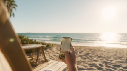 Person sitting on beach using phone at sunset near the sea