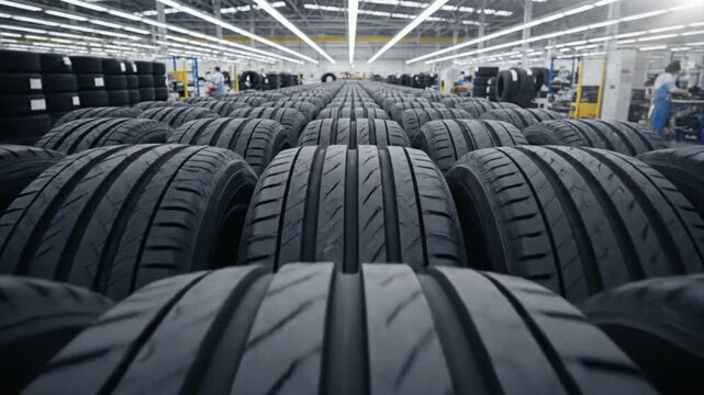 Low angle view of rows of new tires ready for shipping in large manufacturing warehouse
