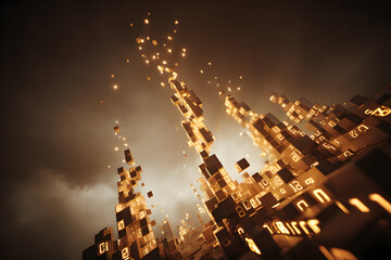 A realistic 3D visualization of a digital fortress made of binary code blocks, vibrant glowing particles, atmospheric lighting, empty right space for text,