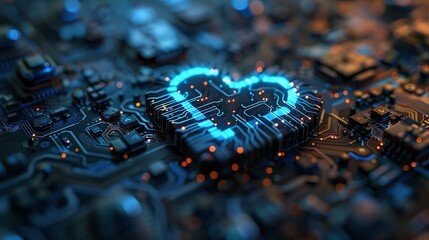 Fototapeta premium Abstract circuit-chip heart symbol glowing in soft blue tones futuristic digital technology concept background 