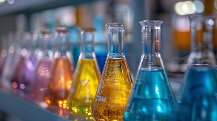 Close-up of glass beakers with colorless chemicals on neutral l high resolution detailed stock photo