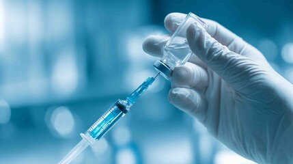 A medical professional wearing white gloves carefully draws blue liquid from a vial into a syringe against a sterile, blurred background.
