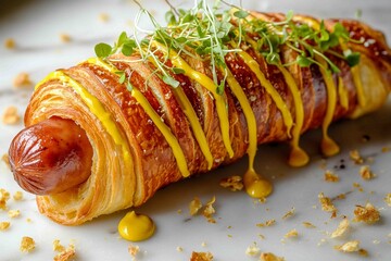 a meticulously styled croissant hot dog made from golden flaky croissant wrapped around a juicy grilled sausage.