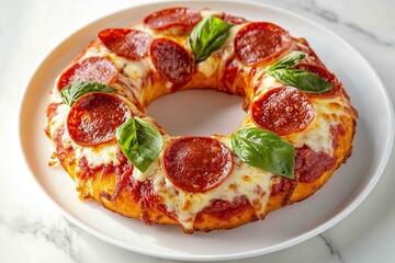 a meticulously styled donut-shaped pizza made from mozzarella cheese, pepperoni slices, and fresh basil.