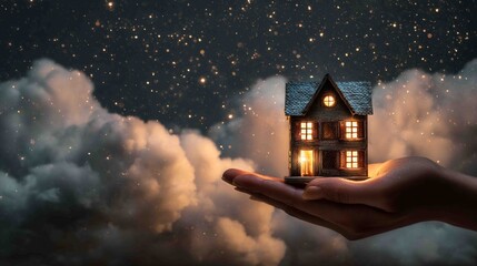 A warm, illuminated wooden house model rests gently in a palm against a dark, cloudy sky filled with sparkling light.
