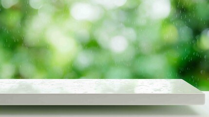 A smooth, white surface is wet from the rain against a backdrop of bright, blurry green foliage.
