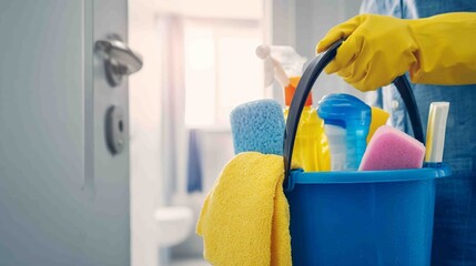 A person wearing bright yellow rubber gloves holds a blue bucket filled with various colorful cleaning products and sponges, preparing to clean.