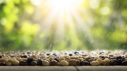 The wet, colorful pebbles are bathed in sunlight and light rain, set against a vibrant, blurry green background.