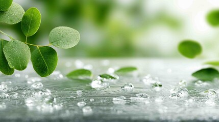 Water droplets create ripples on a reflective surface, framed by vibrant green leaves against a soft, blurred background.