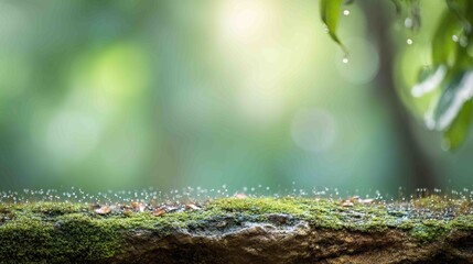 Lush green moss thrives on a wet, textured surface, blurred by a natural, verdant background.
