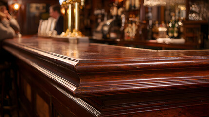 hangout. A classic wooden bar counter with a polished surface in warm ambient lighting. real-estate listings, architecture portfolios, designed for real-estate listing and luxury residence showcases.