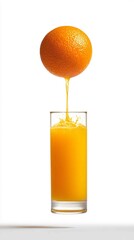 A whole, perfectly ripe orange floats above a glass, pouring a stream of fresh, bright orange juice into it.