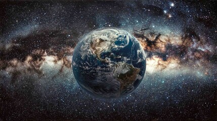 A stunning and photorealistic view of Earth set against the brilliant backdrop of the Milky Way galaxy.