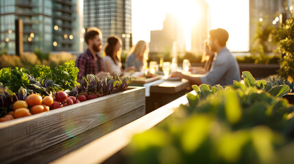 Rooftop Garden Gathering: Friends share meal together, bathed in the warm light of the sun, amidst a vibrant rooftop garden oasis, celebrating life, connection, and the beauty of sustainable living.