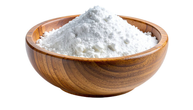 White powder heap in wooden bowl