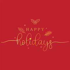 Happy Holidays text in golden yellow on red background.