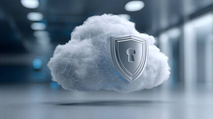A futuristic 3D digital shield hovering in a cloud-shaped environment, encryption symbols floating around, moody lighting, empty space on right,