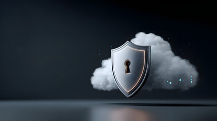 A futuristic 3D digital shield hovering in a cloud-shaped environment, encryption symbols floating around, moody lighting, empty space on right,