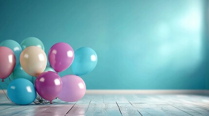 The wooden floor enhances the charm of the colorful balloons.