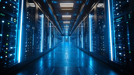 Futuristic server racks with subtle blue lights modern data cen futuristic digital technology concept background 