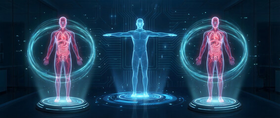 futuristic hologram display of human anatomy in digital medical interface