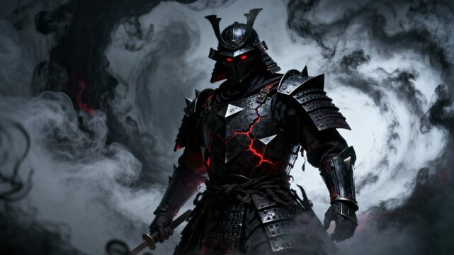 cinematic shadow samurai commander matte black armor red glow smoke vortex fantasy epic