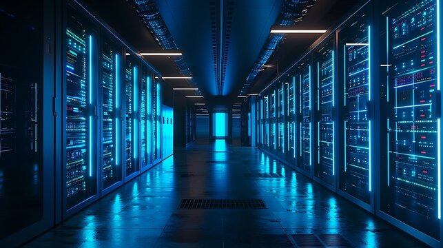 Futuristic server racks with subtle blue lights modern data cen futuristic digital technology concept background  - Powered by Adobe