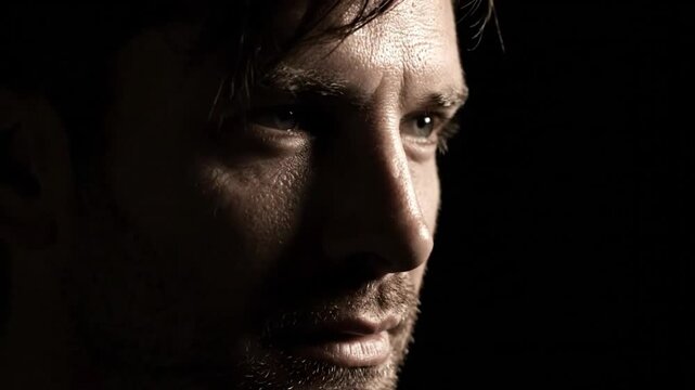 Dramatic Close Up of a Contemplative Man's Face in Low Key Lighting with Shadow and Focus