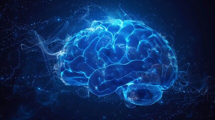 Mri scan-style abstract brain shape glowing on deep blue backgr futuristic digital technology concept background 
