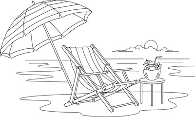 Black and white line art of an empty beach chair under an umbrella with a tropical drink nearby