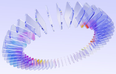Hologram glass circle on pastel purple 3d background. Abstract ring of transparent square shapes with ribbed texture and motion effect, rainbow color gradient swirl, isolated element. 3D illustration
