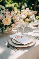 Rustic outdoor wedding table setting with flowers and invitation