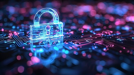 Simplified 3d cybersecurity lock glowing in blue tones secure a futuristic digital technology concept background