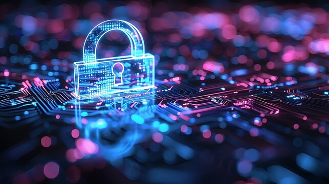 Simplified 3d cybersecurity lock glowing in blue tones secure a futuristic digital technology concept background  - Powered by Adobe