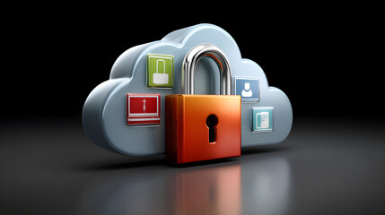 A futuristic 3D digital shield hovering in a cloud-shaped environment, encryption symbols floating around, moody lighting, empty space on right,