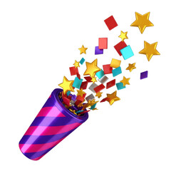 highly detailed 3d rendered, glossy pink and purple striped party popper exploding metallic cyan and reflective gold confetti stars, isolated on a white background. Explosive celebration concept