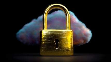 A futuristic 3D digital shield hovering in a cloud-shaped environment, encryption symbols floating around, moody lighting, empty space on right,