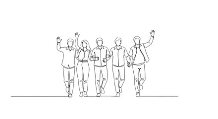 Abstract continuous one-line drawing of four gender-neutral figures walking, waving joyfully, rendered in black vector on a transparent background. Concept of unbreakable unity and friendship