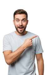 young energetic caucasian man in a gray t-shirt pointing vigorously to the right negative space with joyful, wide-eyed surprise against a transparent studio background. concept for commercial
