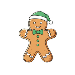 Smiling gingerbread man illustration with a festive green hat and bow tie, a classic holiday cookie and sweet treat symbol of winter joy and seasonal celebration