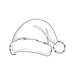 Elegant black and white line art illustration of a traditional Santa hat, featuring a distinct fluffy brim and pom-pom, symbolizing festive winter holidays and joyful seasonal celebrations