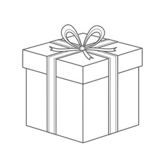 A stylized line drawing of a square gift box with a ribbon and bow tied around it, perfect for holiday or celebration graphics
