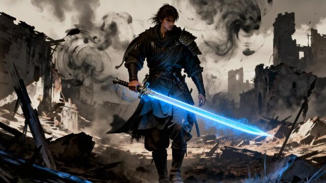 cinematic commander walking ruins swirling smoke glowing blade powering up fantasy action