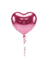 A single, rose pink, glossy mylar heart balloon with silk ribbon floating in a transparent studio void with subtle reflections, hyperrealistic 3d render. Concept for valentine's day marketing.