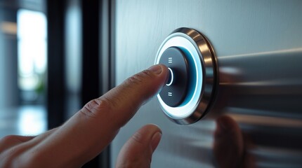 A close-up scene capturing the precise moment a male forefinger presses the illuminated “Up” button on a modern elevator panel inside a contemporary office building